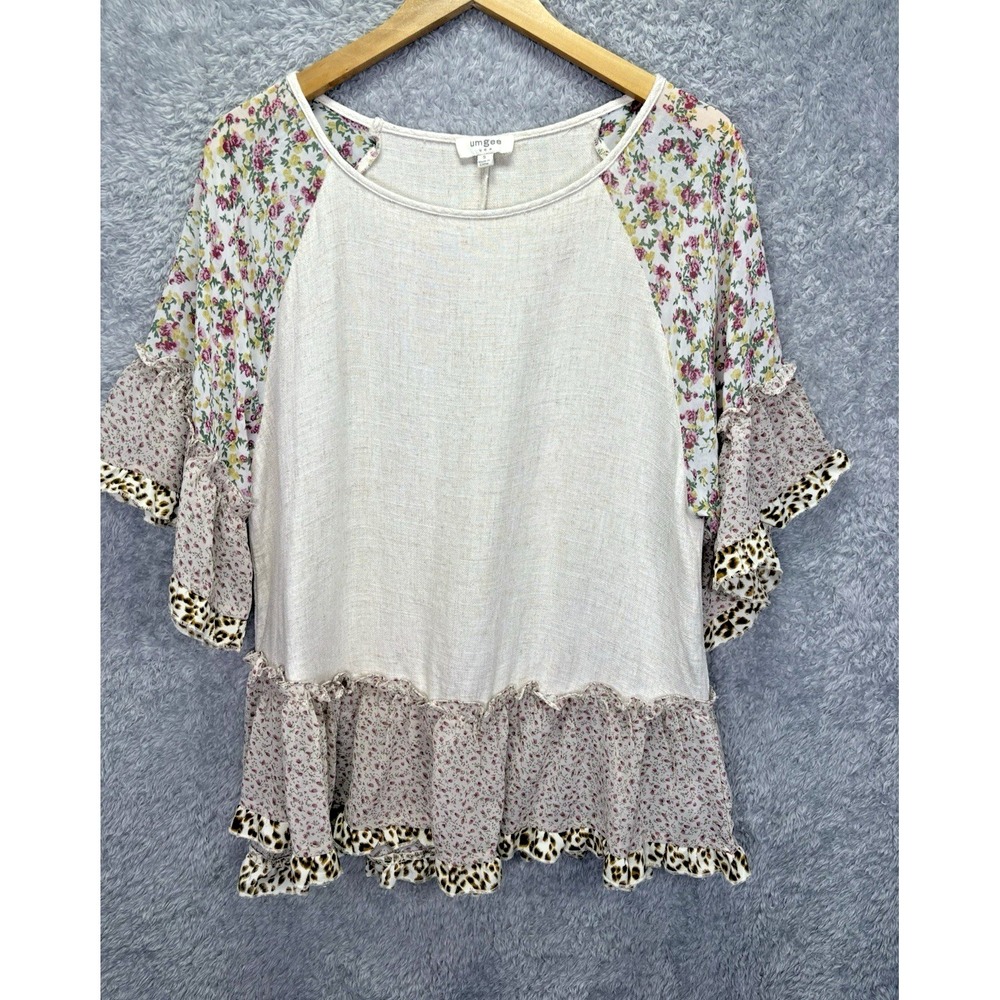 Umgee Womens Small Floral Leopard Print Ruffle Top Bell Sleeve Boho Cottagecore